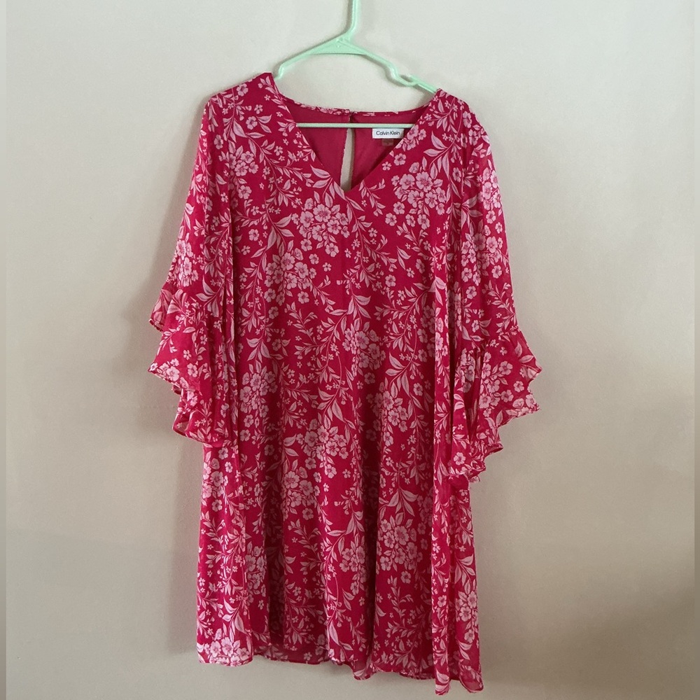 Red Floral Dress with Ruffled Sleeves